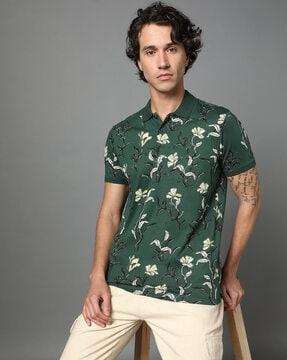 men floral print slim fit polo t-shirt