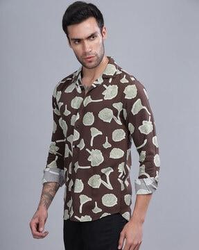 men floral print slim fit shirt with cuban collar