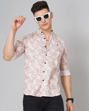 men floral print slim fit shirt with mandarin collar