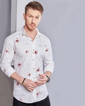 men floral print slim fit shirt with spread collar