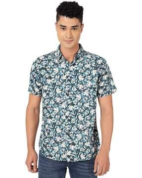 men floral print slim fit shirt with spread collar