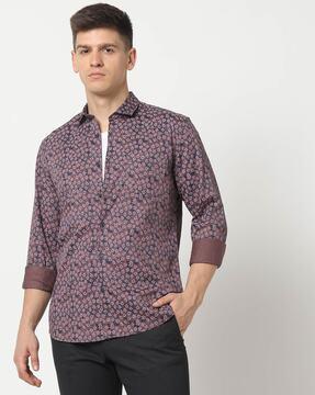 men floral print slim fit shirt with spread collar