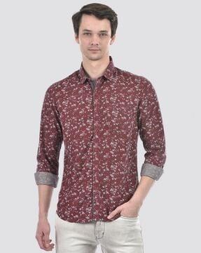 men floral print slim fit shirt with spread collar