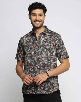 men floral print slim-fit shirt