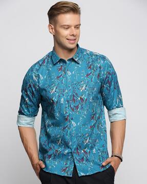 men floral print slim-fit shirt