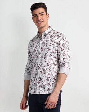 men floral print twill slim fit shirt