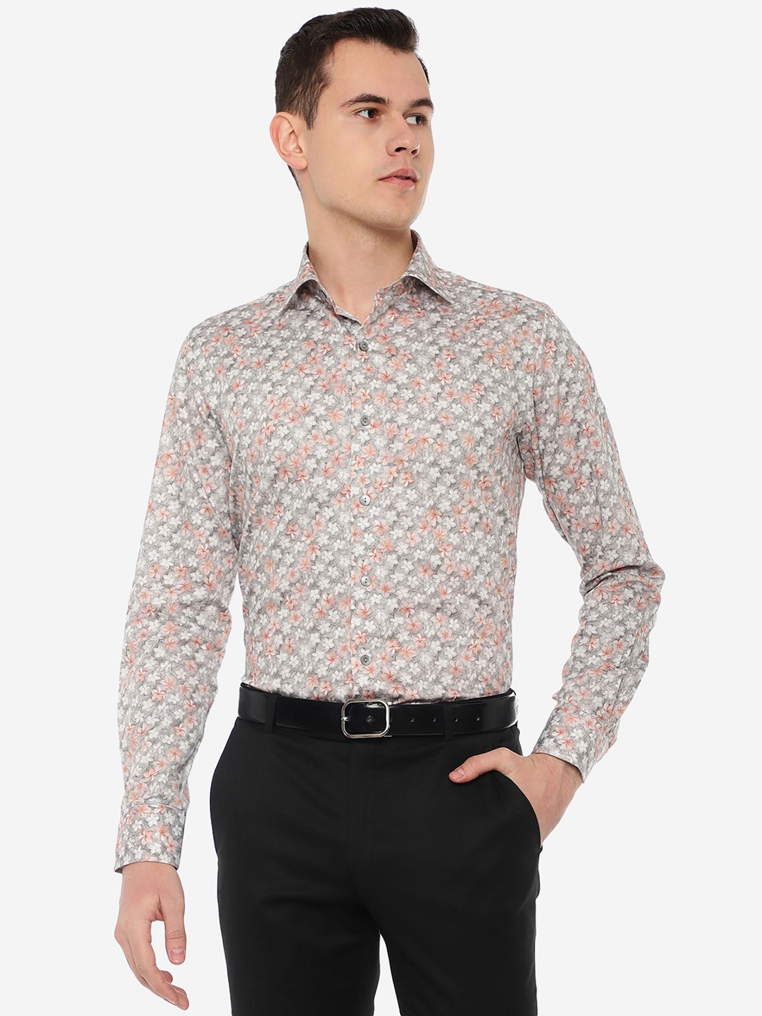 men floral printed grey cotton slim fit party wear shirt