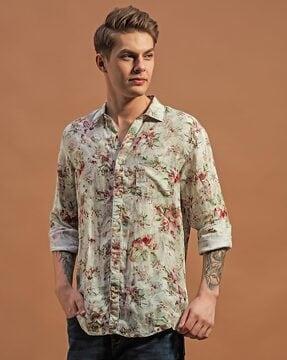 men floral regular fit shirt with spread collar