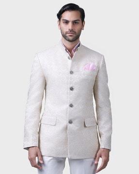 men floral woven bndhgala jacket with flap pockets