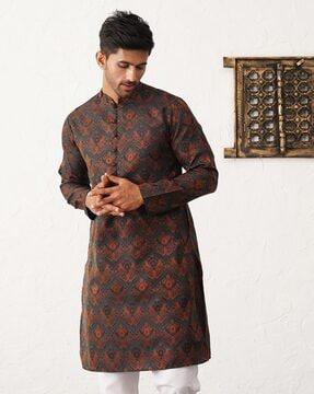 men floral woven regular fit long kurta with mandarin collar