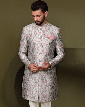 men floral woven regular fit sherwani