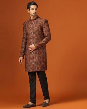 men floral woven regular fit sherwani