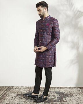 men floral woven regular fit sherwani