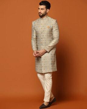 men floral woven regular fit sherwani