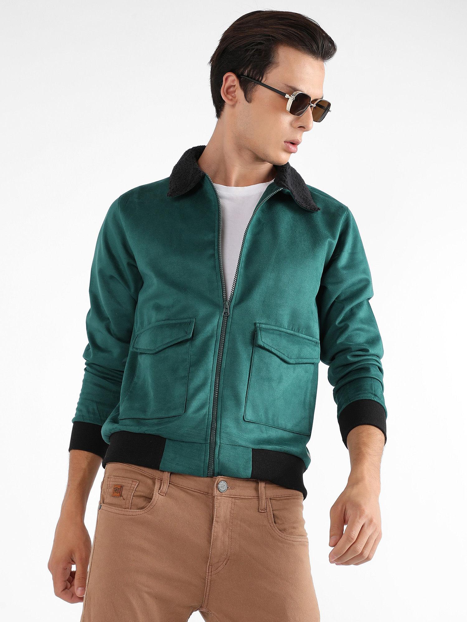 men forest green zip-front jacket with fleece collar