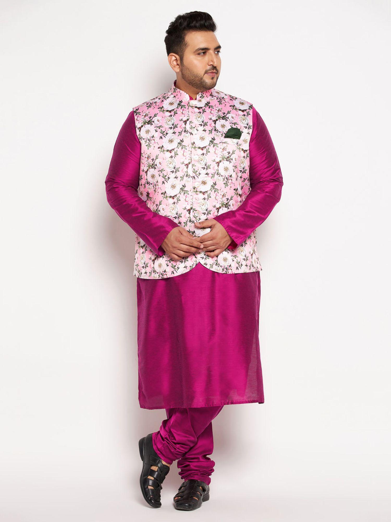 men fuchsia pink viscose blend nehru jacket with kurta & pyjama (set of 3)