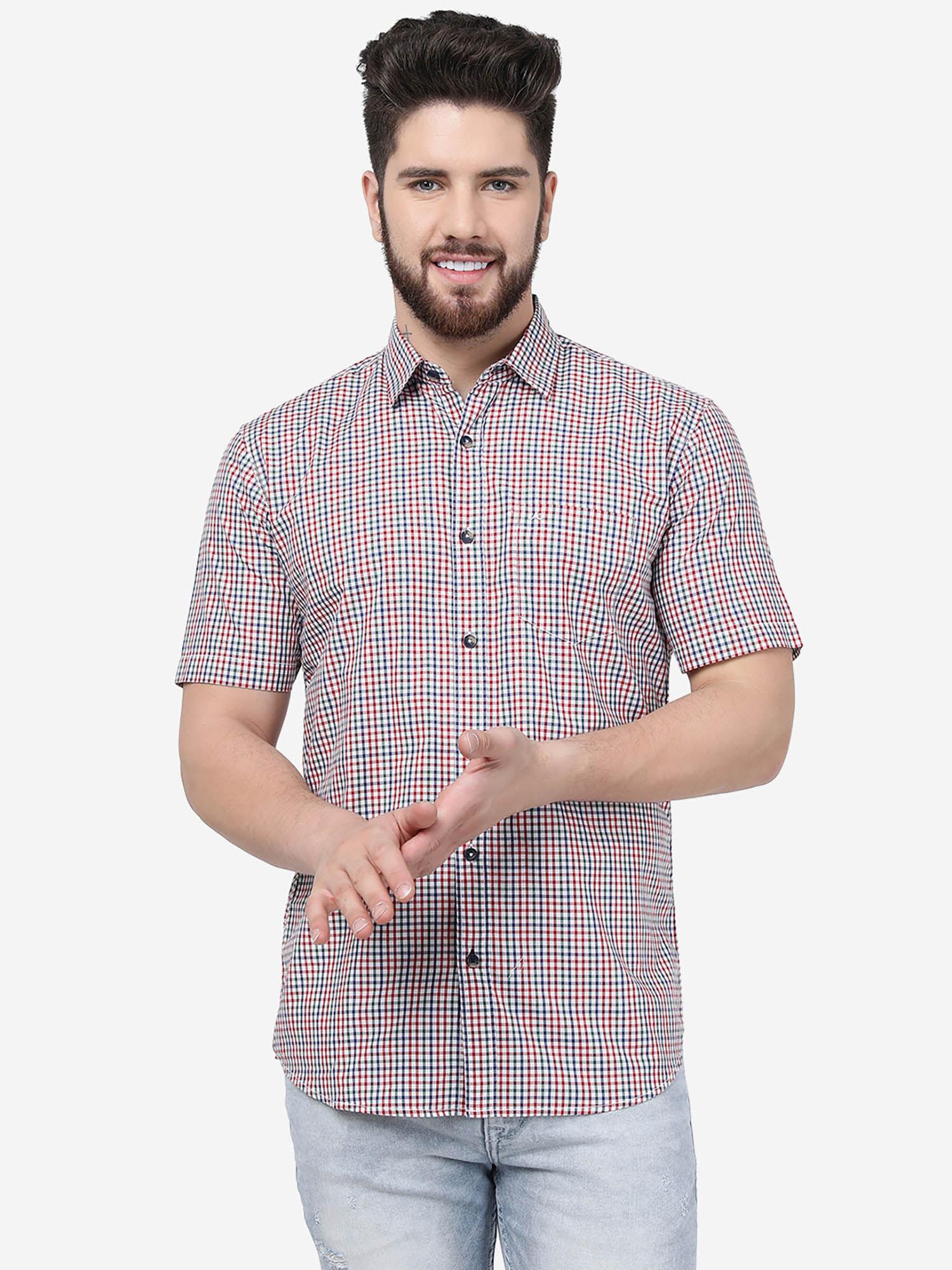 men garnet red cotton slim fit checked semi casual shirt