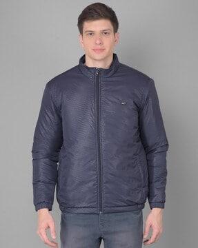 men geometric pattern jacket with zip-front