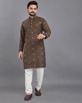 men geometric print regular fit long kurta with mandarin collar