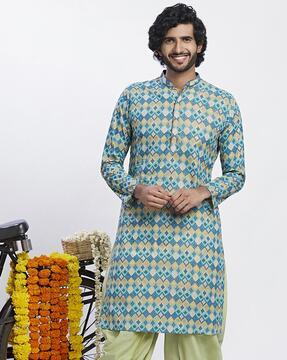 men geometric print regular fit long kurta