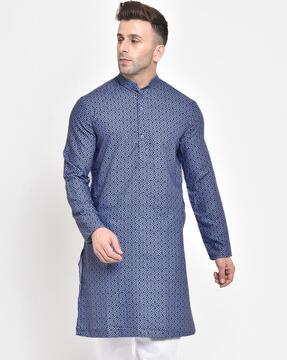 men geometric print regular fit long kurta