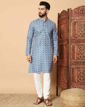 men geometric print regular fit long kurta