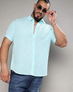 men geometric print regular fit shirt with spread collar