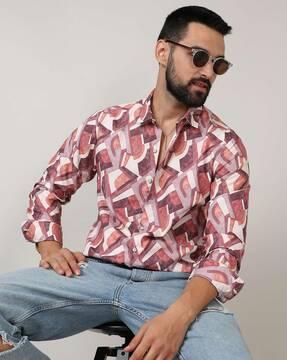 men geometric print regular fit shirt with spread collar