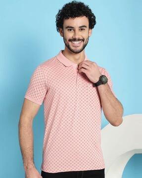 men geometric print slim fit polo t-shirt with patch pocket
