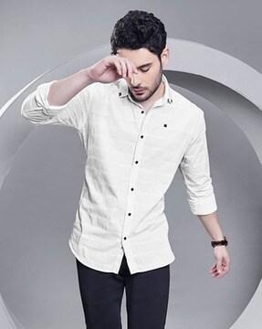 men geometric print slim fit shirt with spread collar