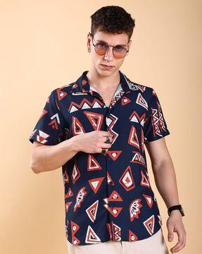 men geometric print slim fit shirt