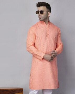 men geometric woven regular fit long kurta