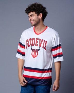 men go devil print oversized fit v-neck t-shirt