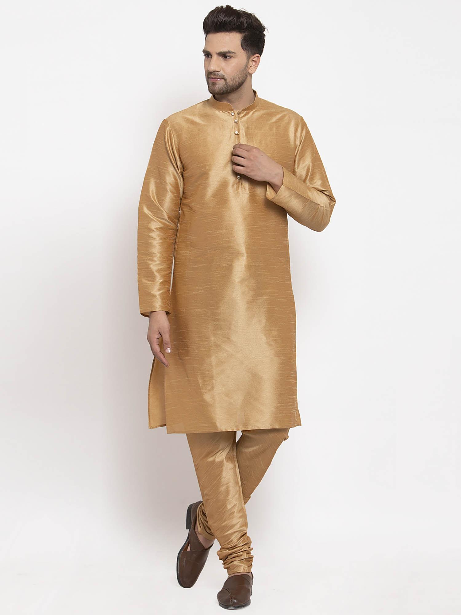 men gold dupion silk kurta with churidar (set of 2)