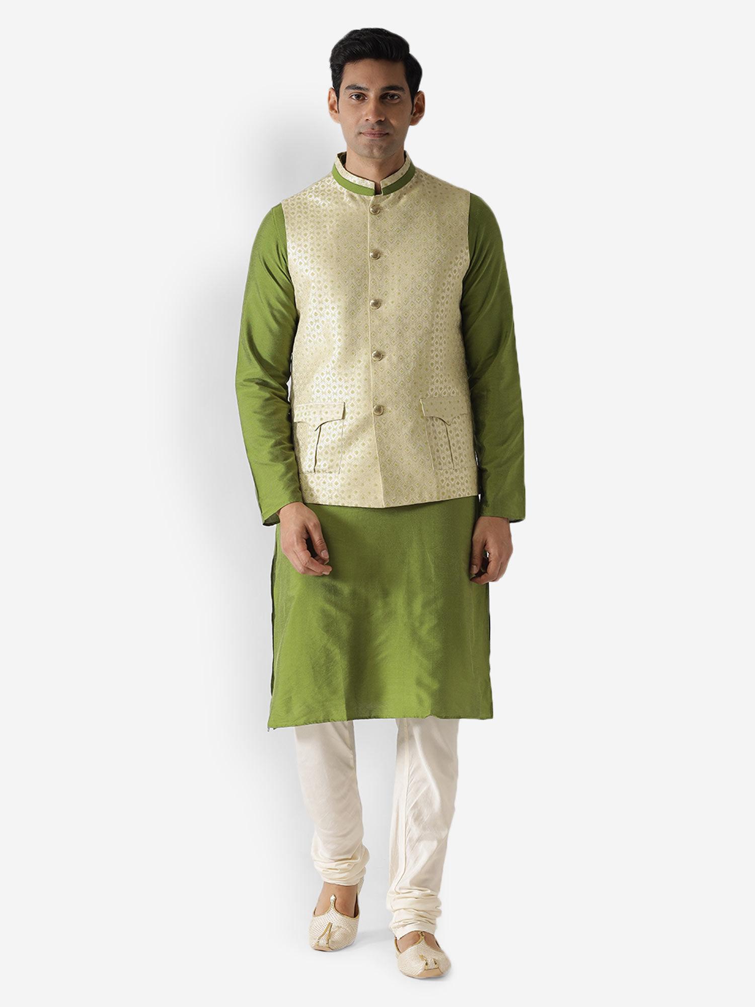 men gold kurta jacket (set of 3)