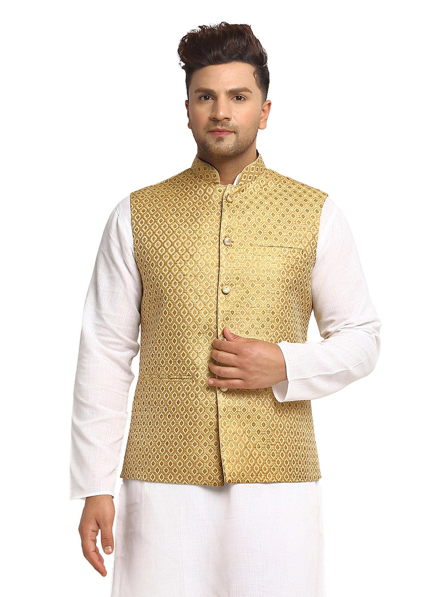 men golden brocade nehru jacket with golden work