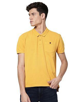 men golden yellow cotton solid polo shirt