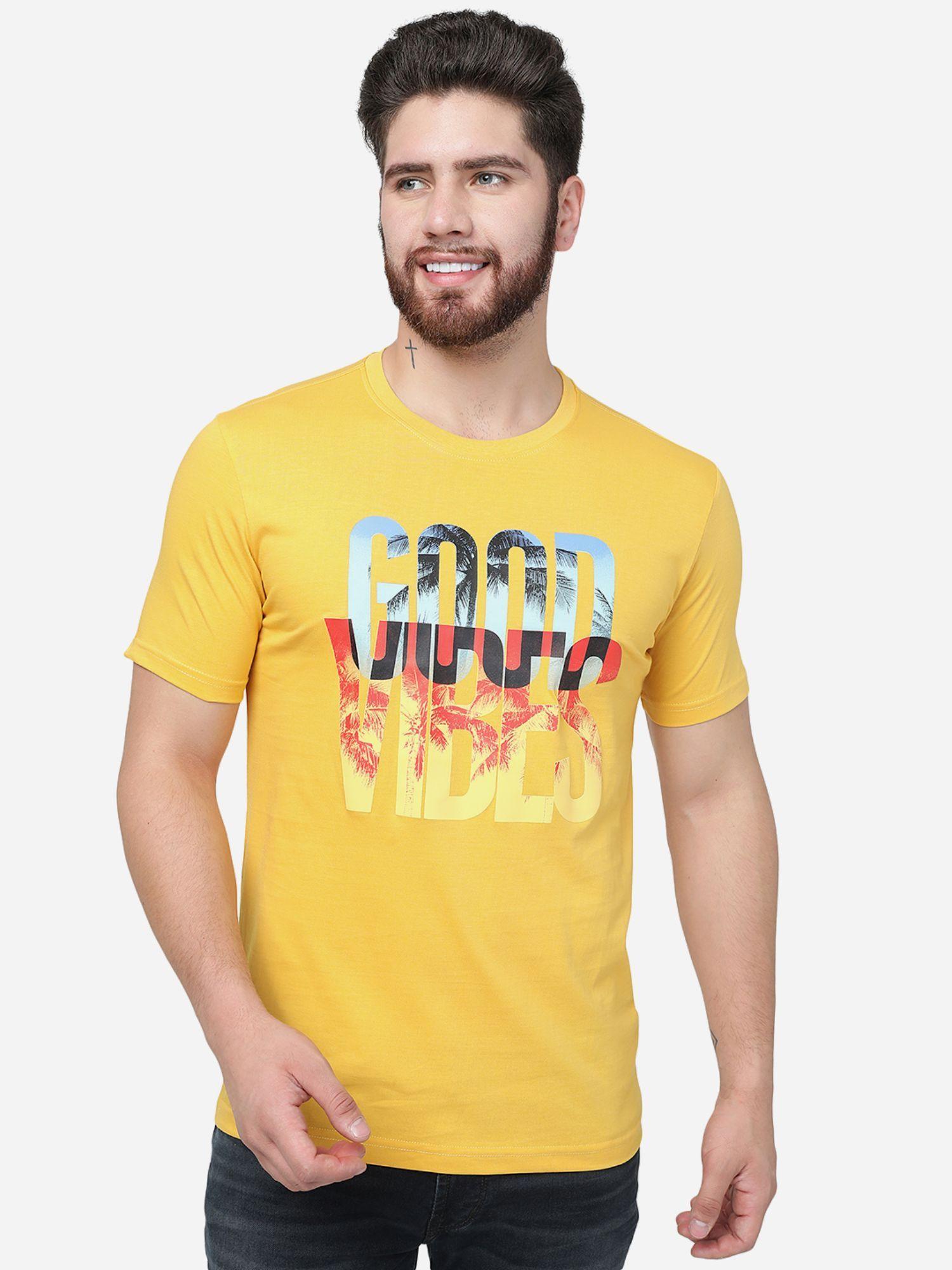 men golden yellow printed slim fit t shirt