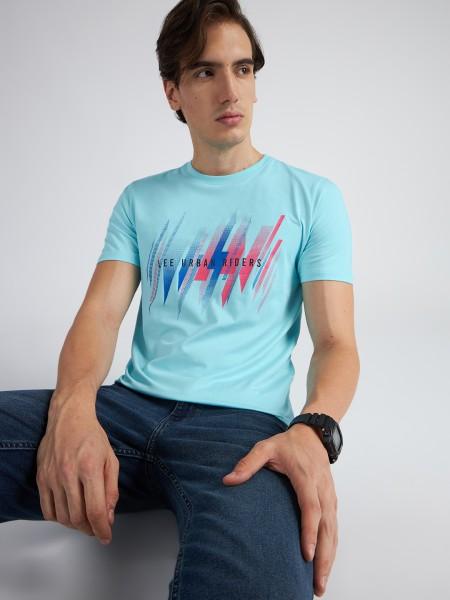 men graphic print crew neck cotton blend blue t-shirt