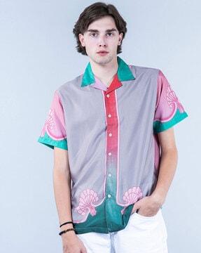 men graphic print oversized fit shirt with cuban collar