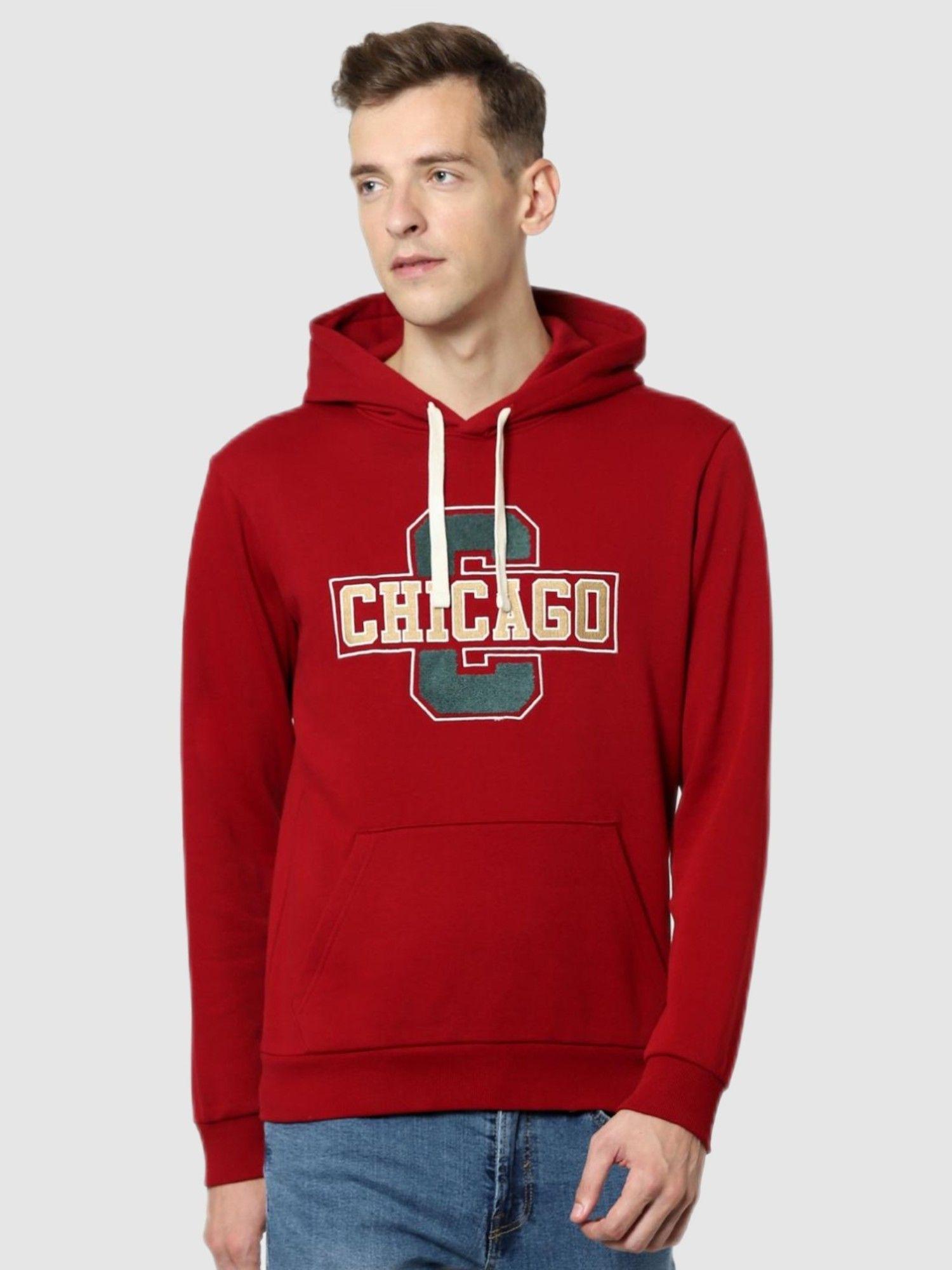 men graphic print red cotton hooded sweatshirt