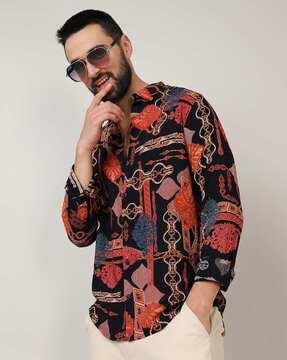 men graphic print regular fit shirt with spread collar