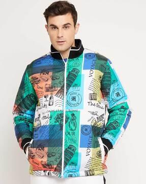 men graphic print relaxed fit bomber jacket