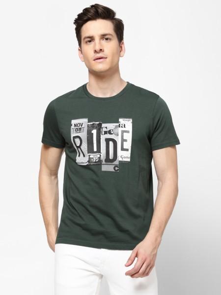 men graphic print round neck pure cotton green t-shirt