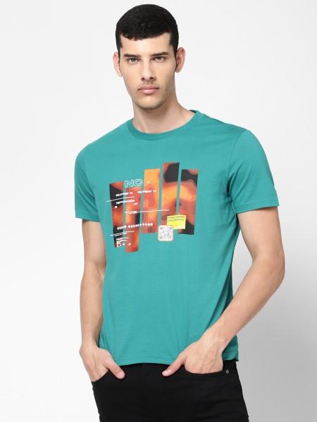 men graphic print round neck pure cotton green t-shirt