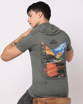 men graphic print slim fit hooded t-shirt