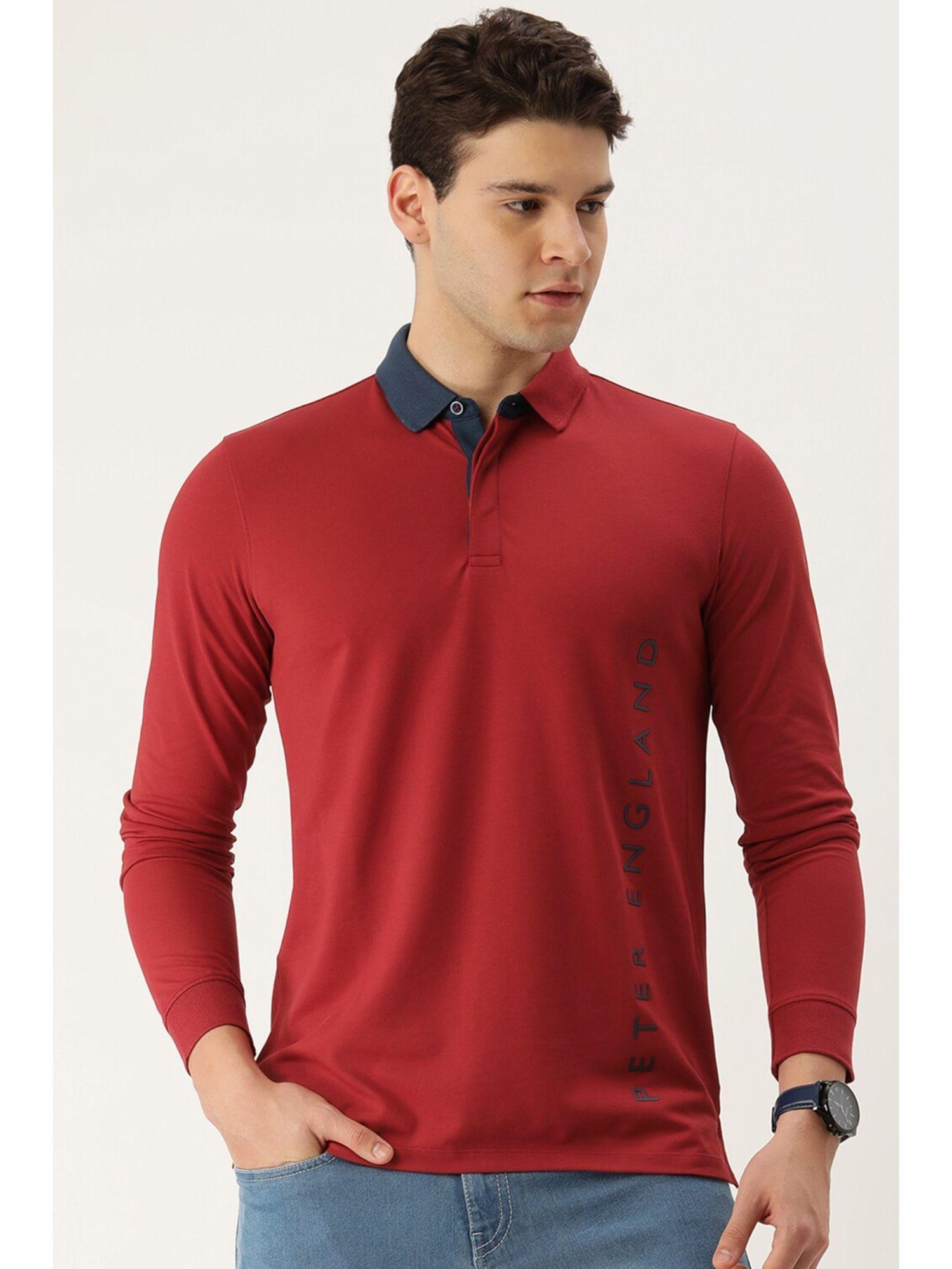 men graphic regular full sleeves collar neck red polo t-shirt