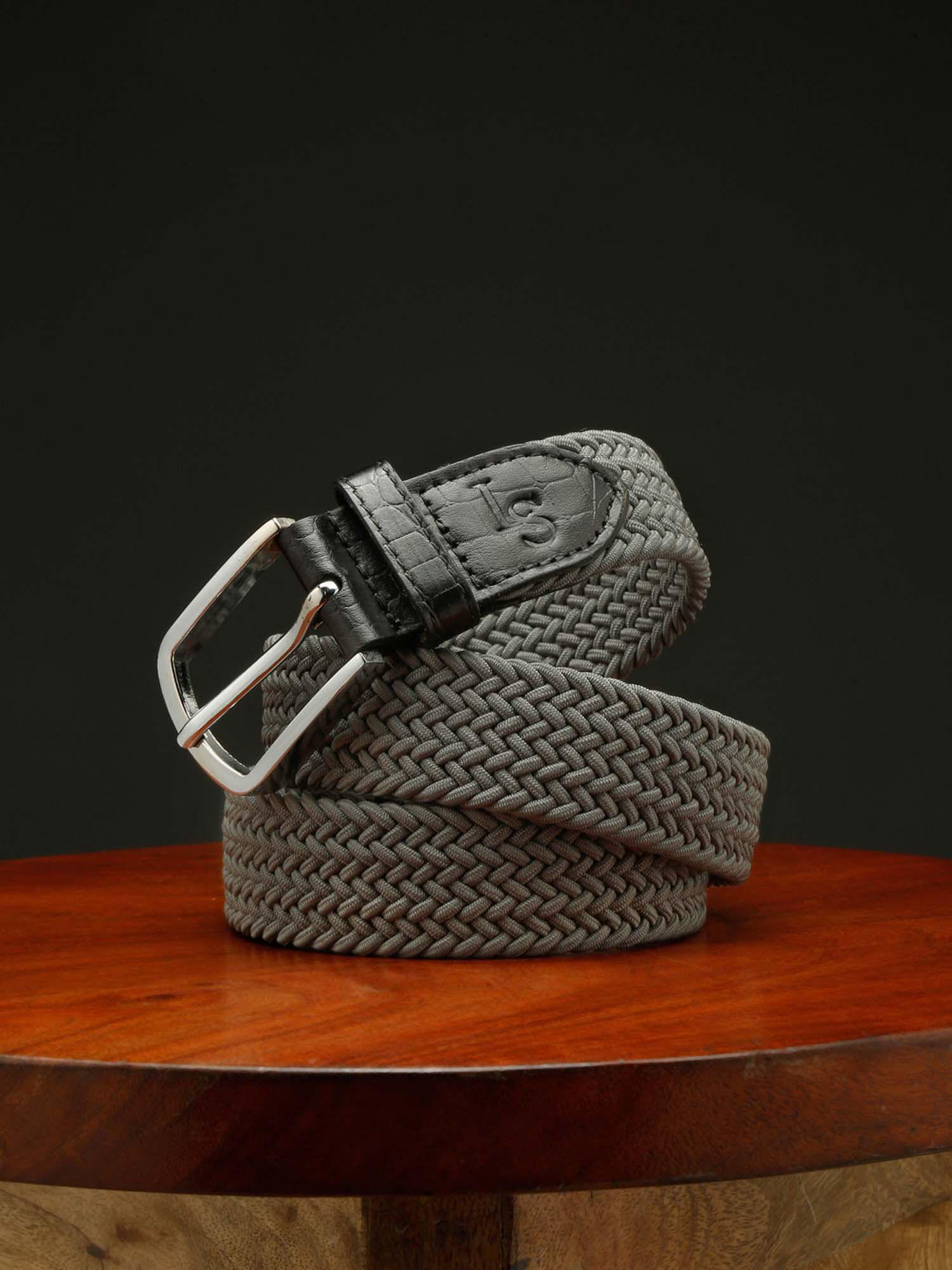 men graphite grey braided elastic stretch belt with leather tipped end