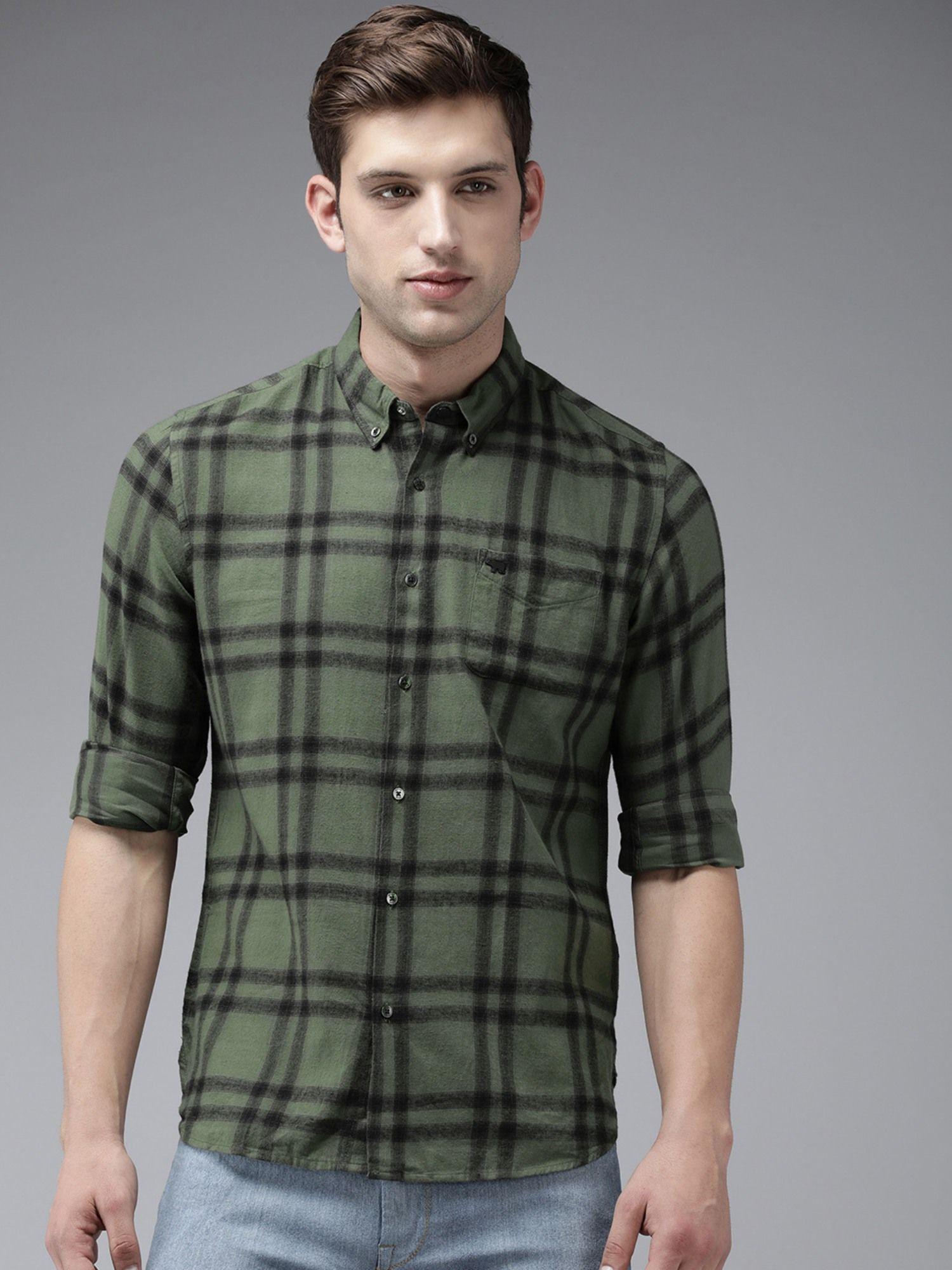 men green & black checked slim fit flannel cotton casual shirt