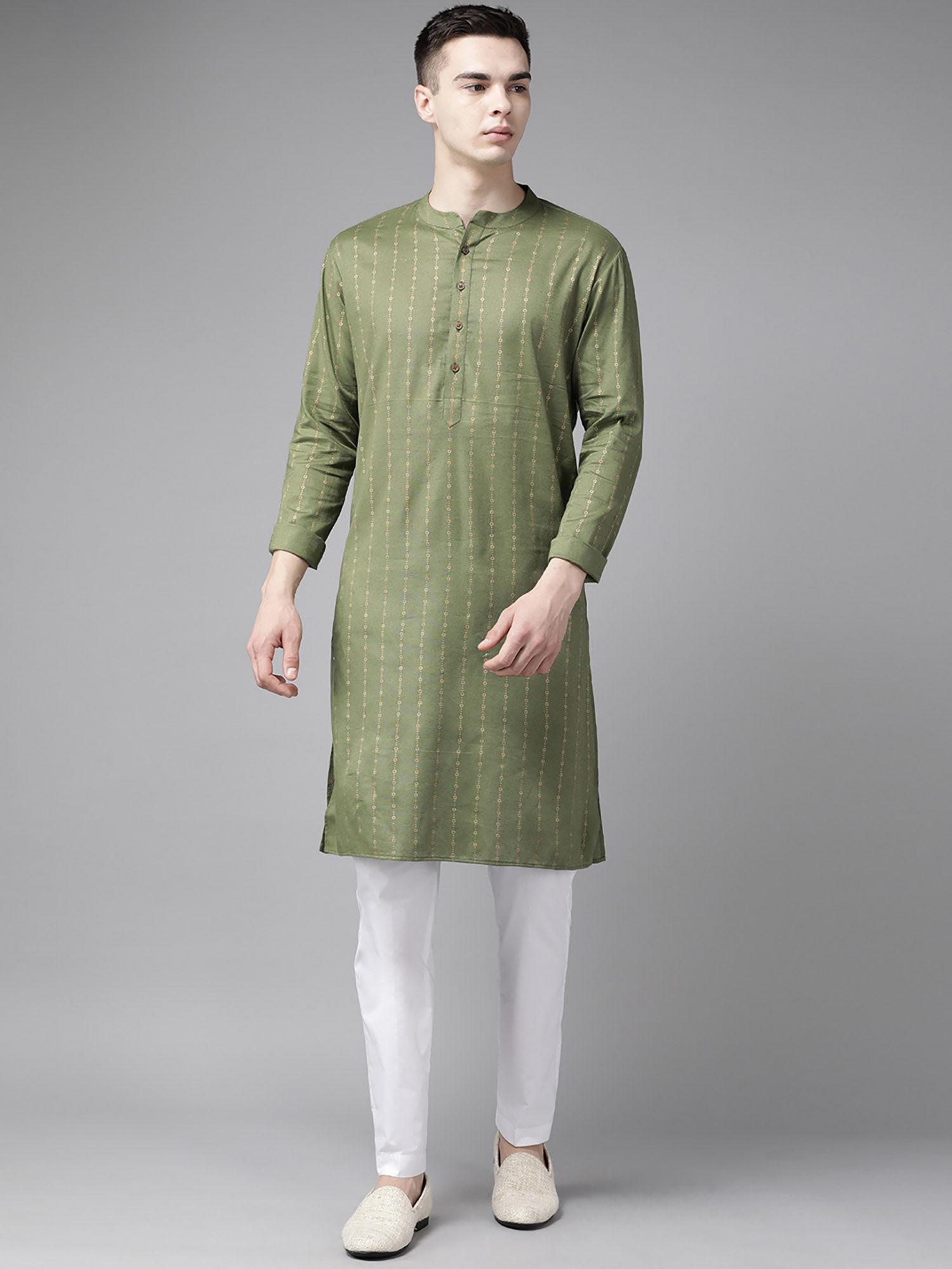 men green & gold stripe printed straight kurta with pyjama (set of 2)